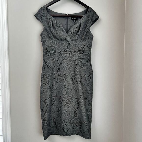 Adrianna Papell Gray Lace Sheath Dress Sz 8 Formal Cocktail Wedding Fitted - Picture 1 of 11
